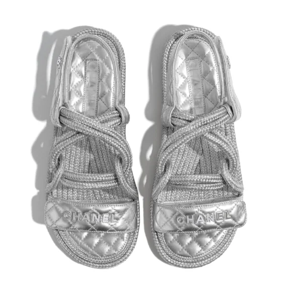 šSOLD CHANELš¤©20S CC Lambskin Cord Rope Logo Dad Sandals in Silver Sz 39 - Picture 16 of 16